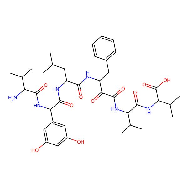 2D Structure of 2-[[2-[[3-[[2-[[2-[(2-Amino-3-methylbutanoyl)amino]-2-(3,5-dihydroxyphenyl)acetyl]amino]-4-methylpentanoyl]amino]-2-oxo-4-phenylbutanoyl]amino]-3-methylbutanoyl]amino]-3-methylbutanoic acid