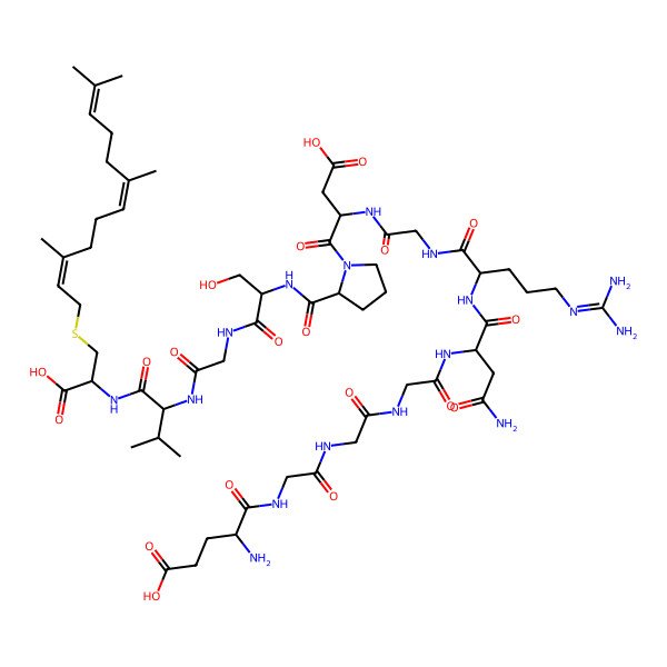 2D Structure of H-Glu-Gly-Gly-Gly-Asn-Arg-Gly-Asp-Pro-Ser-Gly-Val-Cys((E,E)-farnesyl)-OH