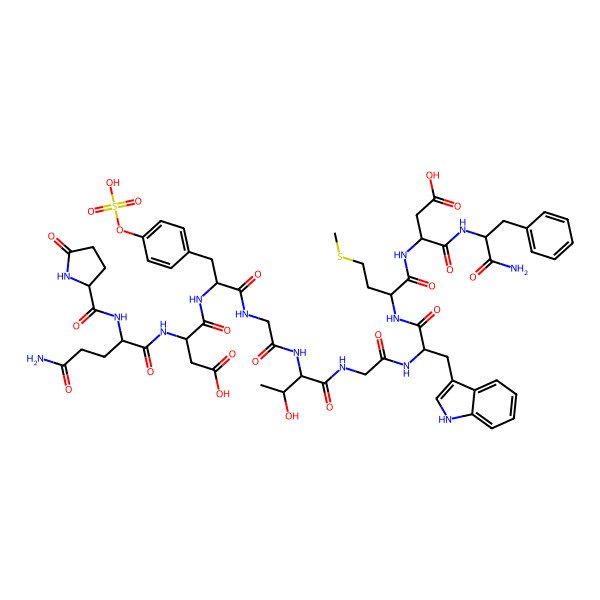 2D Structure of H-Pyr-Gln-Asp-Tyr(SO3H)-Gly-Thr-Gly-Trp-Met-Asp-Phe-NH2