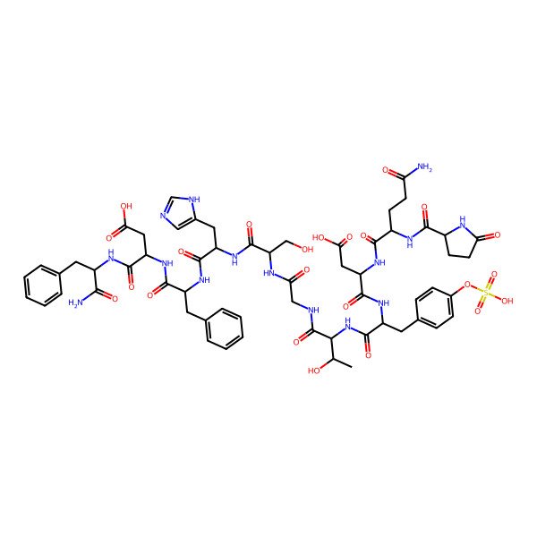 2D Structure of H-Pyr-Gln-Asp-Tyr(SO3H)-Thr-Gly-Ser-His-Phe-Asp-Phe-NH2