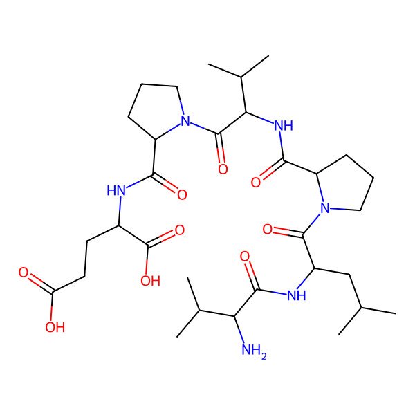 2D Structure of (2S)-2-[[(2S)-1-[(2S)-2-[[(2S)-1-[(2S)-2-[[(2S)-2-amino-3-methylbutanoyl]amino]-4-methylpentanoyl]pyrrolidine-2-carbonyl]amino]-3-methylbutanoyl]pyrrolidine-2-carbonyl]amino]pentanedioic acid