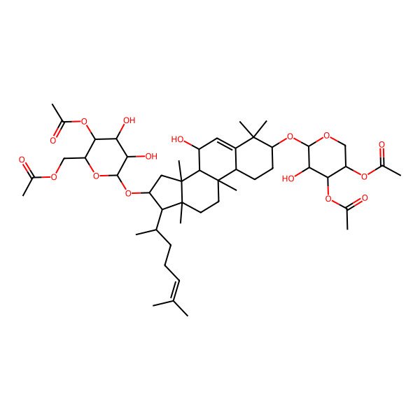 2D Structure of beta-D-Glucopyranoside, (3beta,7beta,9beta,10alpha,16beta)-3-[(3,4-di-O-acetyl-beta-D-xylopyranosyl)oxy]-7-hydroxy-9-methyl-19-norlanosta-5,24-dien-16-yl, 4,6-diacetate