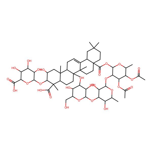 2D Structure of (2S,3S,4S,5R,6R)-6-[[(2S,3R,4S,4aR,6aR,6bS,8aS,12aS,14aR,14bR)-4-carboxy-8a-[(2S,3R,4S,5S,6R)-4,5-diacetyloxy-3-[(2S,3R,4R,5S,6S)-3,5-dihydroxy-6-methyl-4-[(2S,3R,4S,5S,6R)-3,4,5-trihydroxy-6-(hydroxymethyl)oxan-2-yl]oxyoxan-2-yl]oxy-6-methyloxan-2-yl]oxycarbonyl-2-hydroxy-4,6a,6b,11,11,14b-hexamethyl-1,2,3,4a,5,6,7,8,9,10,12,12a,14,14a-tetradecahydropicen-3-yl]oxy]-3,4,5-trihydroxyoxane-2-carboxylic acid