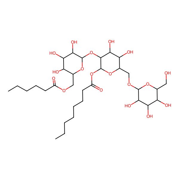 2D Structure of hexanoyl(-6)Glc(b1-2)[Glc(b1-6)]Glc(b)-O-octanoyl