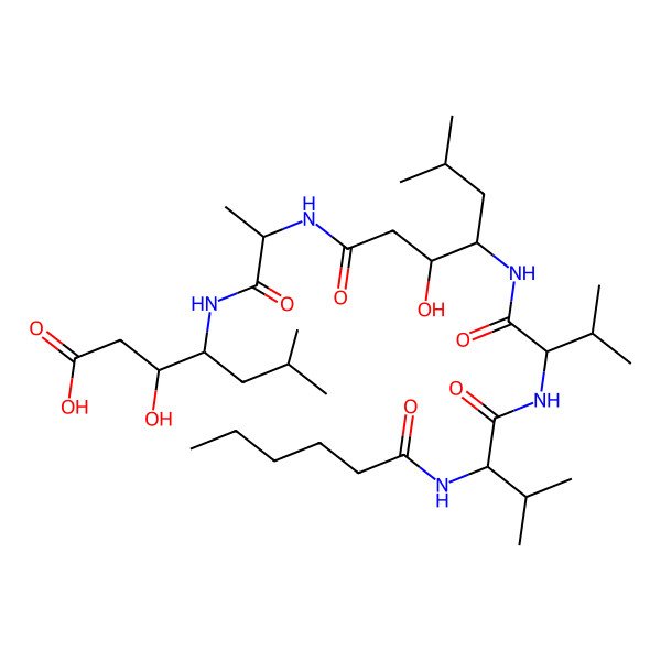 2D Structure of hexanoyl-DL-Val-DL-Val-Sta(3xi,4xi)-DL-Ala-Sta(3xi,4xi)-OH