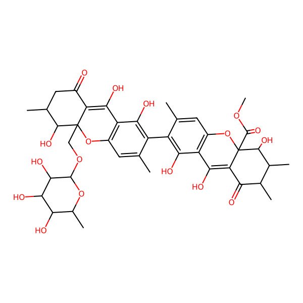 2D Structure of methyl (2R,3R,4S,4aR)-7-[(5R,6R,10aR)-1,5,9-trihydroxy-3,6-dimethyl-8-oxo-10a-[[(2R,3R,4R,5R,6S)-3,4,5-trihydroxy-6-methyloxan-2-yl]oxymethyl]-6,7-dihydro-5H-xanthen-2-yl]-4,8,9-trihydroxy-2,3,6-trimethyl-1-oxo-3,4-dihydro-2H-xanthene-4a-carboxylate