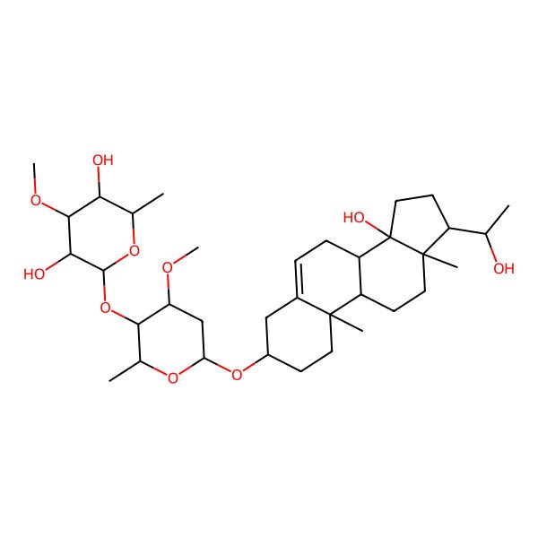 2D Structure of (2S,3R,4S,5R,6R)-2-[(2R,3R,4R,6R)-6-[[(3S,8R,9S,10R,13R,14S,17S)-14-hydroxy-17-[(1S)-1-hydroxyethyl]-10,13-dimethyl-1,2,3,4,7,8,9,11,12,15,16,17-dodecahydrocyclopenta[a]phenanthren-3-yl]oxy]-4-methoxy-2-methyloxan-3-yl]oxy-4-methoxy-6-methyloxane-3,5-diol