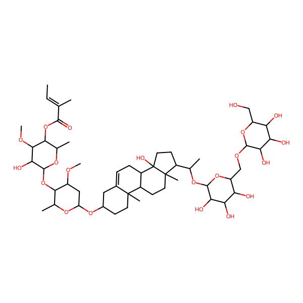 2D Structure of [(2R,3R,4R,5R,6S)-5-hydroxy-6-[(2R,3R,4R,6R)-6-[[(3S,8R,9S,10R,13R,14S,17S)-14-hydroxy-10,13-dimethyl-17-[(1S)-1-[(2R,3R,4S,5S,6R)-3,4,5-trihydroxy-6-[[(2R,3R,4S,5S,6R)-3,4,5-trihydroxy-6-(hydroxymethyl)oxan-2-yl]oxymethyl]oxan-2-yl]oxyethyl]-1,2,3,4,7,8,9,11,12,15,16,17-dodecahydrocyclopenta[a]phenanthren-3-yl]oxy]-4-methoxy-2-methyloxan-3-yl]oxy-4-methoxy-2-methyloxan-3-yl] (E)-2-methylbut-2-enoate