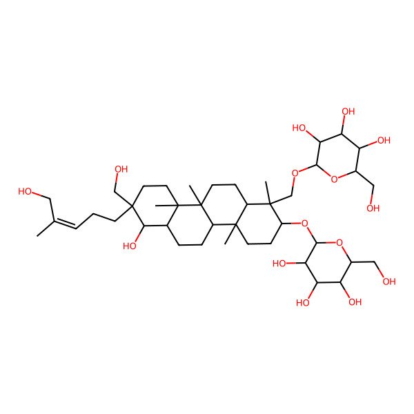 2D Structure of (2R,3R,4S,5S,6R)-2-[[(1R,2S,4aR,4bR,6aS,7R,8S,10aR,10bR,12aR)-7-hydroxy-8-(hydroxymethyl)-8-[(E)-5-hydroxy-4-methylpent-3-enyl]-1,4a,10a,10b-tetramethyl-2-[(2R,3R,4S,5S,6R)-3,4,5-trihydroxy-6-(hydroxymethyl)oxan-2-yl]oxy-3,4,4b,5,6,6a,7,9,10,11,12,12a-dodecahydro-2H-chrysen-1-yl]methoxy]-6-(hydroxymethyl)oxane-3,4,5-triol