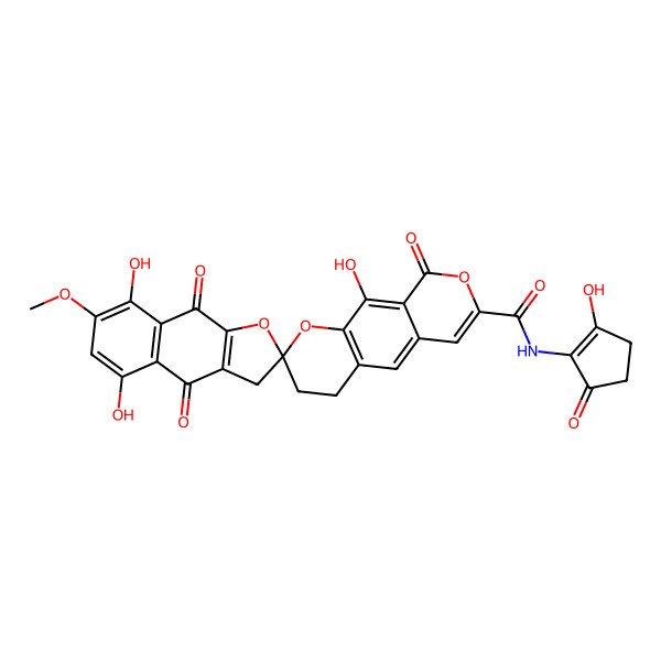 2D Structure of (2S)-4',9',10-trihydroxy-N-(2-hydroxy-5-oxocyclopenten-1-yl)-7'-methoxy-5',8',9-trioxospiro[3,4-dihydropyrano[4,3-g]chromene-2,2'-3H-benzo[][1]benzouran]-7-carboxamide