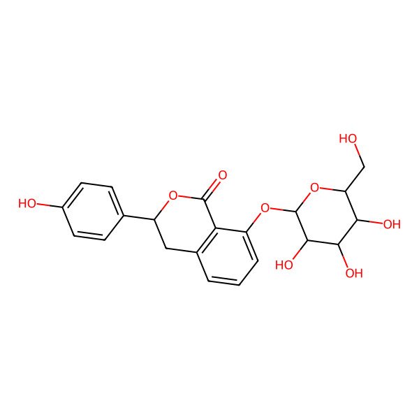 2D Structure of 3-(4-Hydroxyphenyl)-8-((2S,3R,4S,5S,6R)-3,4,5-Trihydroxy-6-(Hydroxymethyl)Oxan-2-Yl)Oxy-3,4-Dihydroisochromen-1-One