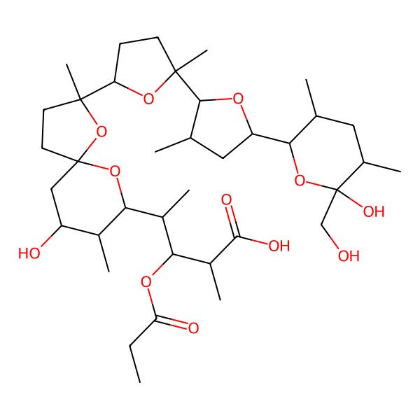 2D Structure of 4-[7-Hydroxy-2-[5-[5-[6-hydroxy-6-(hydroxymethyl)-3,5-dimethyloxan-2-yl]-3-methyloxolan-2-yl]-5-methyloxolan-2-yl]-2,8-dimethyl-1,10-dioxaspiro[4.5]decan-9-yl]-2-methyl-3-propanoyloxypentanoic acid