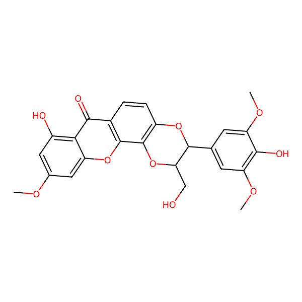 2D Structure of 8-Hydroxy-3-(4-hydroxy-3,5-dimethoxyphenyl)-2-(hydroxymethyl)-10-methoxy-2,3-dihydro-[1,4]dioxino[2,3-c]xanthen-7-one