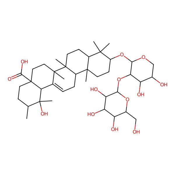 2D Structure of 10-[4,5-Dihydroxy-3-[3,4,5-trihydroxy-6-(hydroxymethyl)oxan-2-yl]oxyoxan-2-yl]oxy-1-hydroxy-1,2,6a,6b,9,9,12a-heptamethyl-2,3,4,5,6,6a,7,8,8a,10,11,12,13,14b-tetradecahydropicene-4a-carboxylic acid