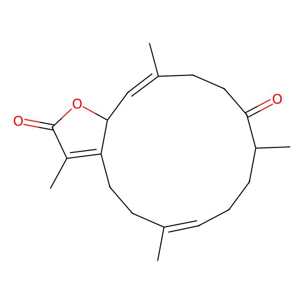 2D Structure of (6E,10R,14E,15aS)-3,6,10,14-tetramethyl-4,5,8,9,10,12,13,15a-octahydrocyclotetradeca[b]furan-2,11-dione