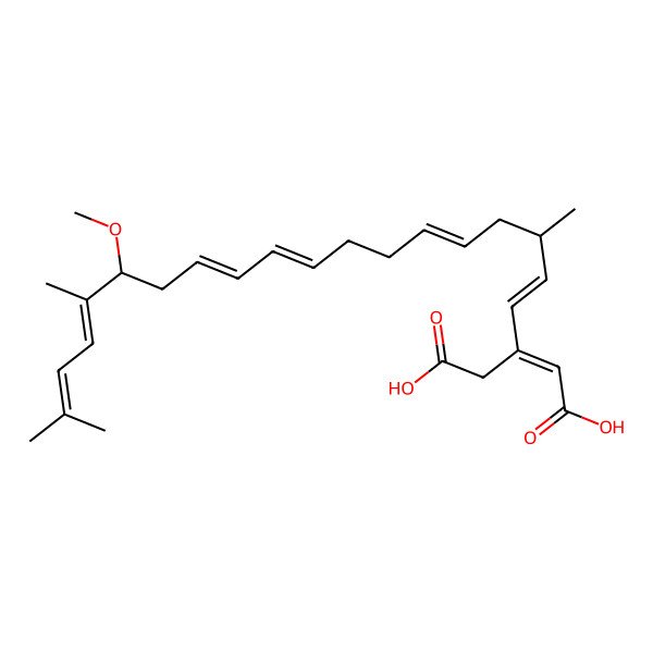 2D Structure of (E)-3-[(1E,3S,5E,9E,11Z,14R,15Z)-14-methoxy-3,15,18-trimethylnonadeca-1,5,9,11,15,17-hexaenyl]pent-2-enedioic acid