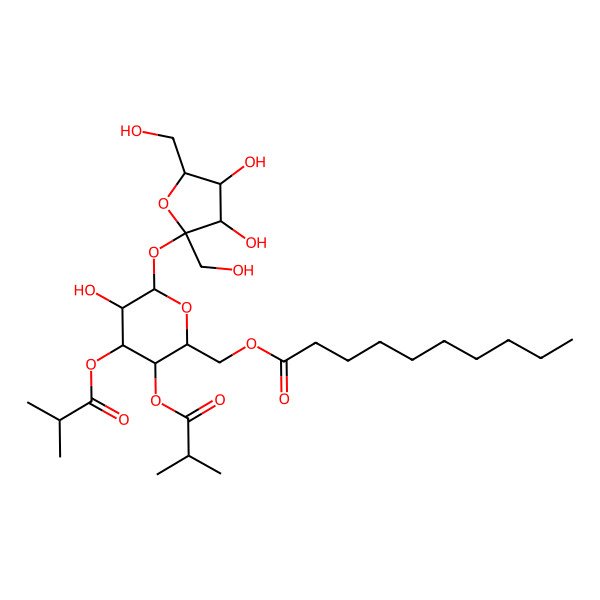 2D Structure of isobutyryl(-3)[isobutyryl(-4)][decanoyl(-6)]Glc(a1-2b)Fruf