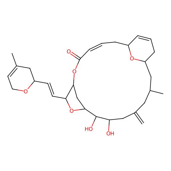 2D Structure of (3E)-11,12-dihydroxy-16-methyl-8-[(E)-2-(4-methyl-3,6-dihydro-2H-pyran-2-yl)ethenyl]-14-methylidene-6,9,22-trioxatricyclo[16.3.1.17,10]tricosa-3,20-dien-5-one