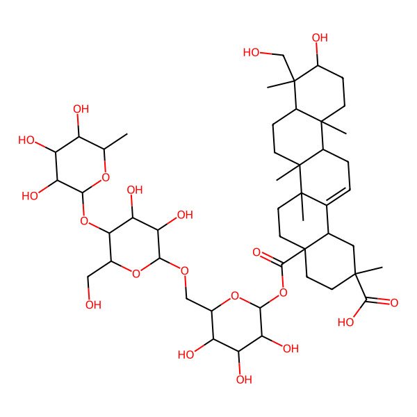 2D Structure of (2R,4aR,6aR,6aS,6bR,8aR,9R,10S,12aR,14bS)-4a-[(2S,3R,4S,5S,6R)-6-[[(2R,3R,4R,5S,6R)-3,4-dihydroxy-6-(hydroxymethyl)-5-[(2S,3R,4R,5R,6S)-3,4,5-trihydroxy-6-methyloxan-2-yl]oxyoxan-2-yl]oxymethyl]-3,4,5-trihydroxyoxan-2-yl]oxycarbonyl-10-hydroxy-9-(hydroxymethyl)-2,6a,6b,9,12a-pentamethyl-1,3,4,5,6,6a,7,8,8a,10,11,12,13,14b-tetradecahydropicene-2-carboxylic acid