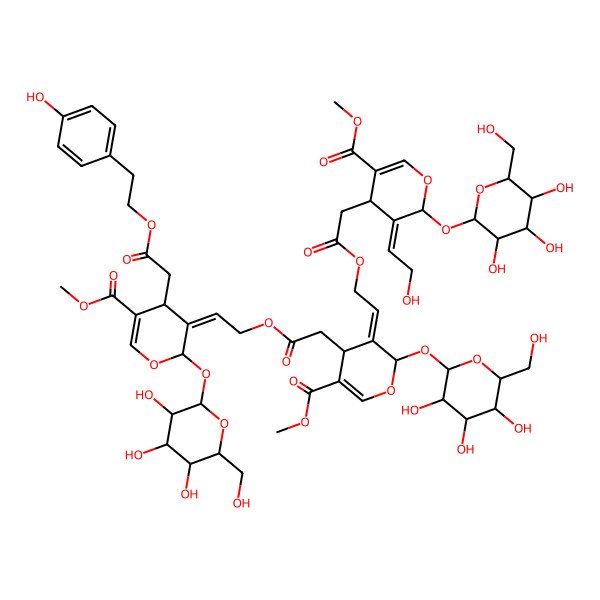 2D Structure of methyl (4S,5Z,6S)-5-(2-hydroxyethylidene)-4-[2-[(2E)-2-[(2S,4S)-4-[2-[(2Z)-2-[(2S,4S)-4-[2-[2-(4-hydroxyphenyl)ethoxy]-2-oxoethyl]-5-methoxycarbonyl-2-[(2S,3R,4S,5S,6R)-3,4,5-trihydroxy-6-(hydroxymethyl)oxan-2-yl]oxy-4H-pyran-3-ylidene]ethoxy]-2-oxoethyl]-5-methoxycarbonyl-2-[(2S,3R,4S,5S,6R)-3,4,5-trihydroxy-6-(hydroxymethyl)oxan-2-yl]oxy-4H-pyran-3-ylidene]ethoxy]-2-oxoethyl]-6-[(2S,3R,4S,5S,6R)-3,4,5-trihydroxy-6-(hydroxymethyl)oxan-2-yl]oxy-4H-pyran-3-carboxylate