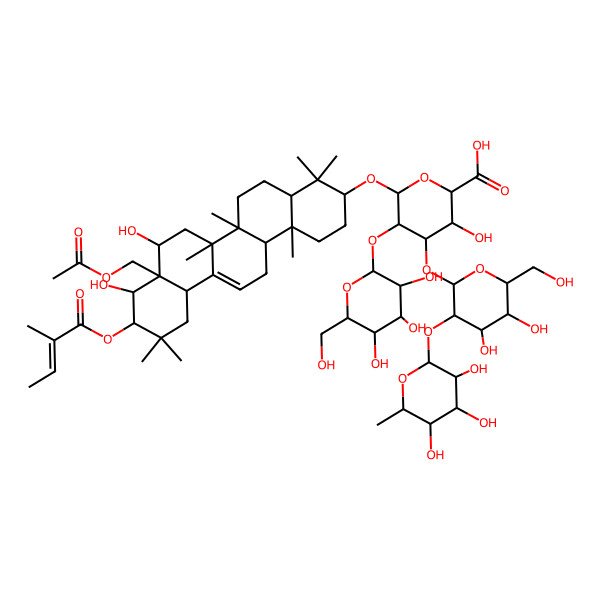 2D Structure of (2S,3S,4S,5R,6R)-6-[[(3S,4aR,6aR,6bS,8R,8aR,9R,10R,12aS,14aR,14bR)-8a-(acetyloxymethyl)-8,9-dihydroxy-4,4,6a,6b,11,11,14b-heptamethyl-10-[(E)-2-methylbut-2-enoyl]oxy-1,2,3,4a,5,6,7,8,9,10,12,12a,14,14a-tetradecahydropicen-3-yl]oxy]-4-[(2S,3R,4S,5R,6R)-4,5-dihydroxy-6-(hydroxymethyl)-3-[(2S,3R,4R,5R,6S)-3,4,5-trihydroxy-6-methyloxan-2-yl]oxyoxan-2-yl]oxy-3-hydroxy-5-[(2S,3R,4S,5S,6R)-3,4,5-trihydroxy-6-(hydroxymethyl)oxan-2-yl]oxyoxane-2-carboxylic acid
