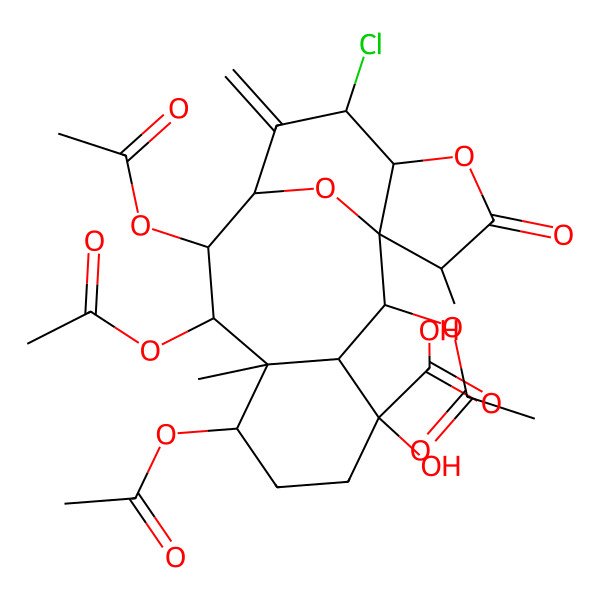 2D Structure of (1R,2S,3S,4R,7S,8R,9R,10R,11R,13S,14R,17R)-2,7,9,10-tetraacetyloxy-13-chloro-4-hydroxy-8,17-dimethyl-12-methylidene-16-oxo-15,18-dioxatetracyclo[9.6.1.01,14.03,8]octadecane-4-carboxylic acid