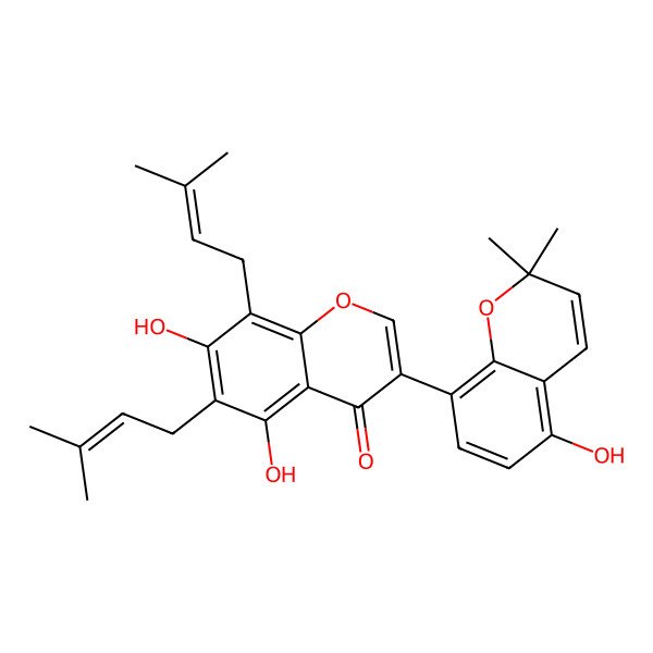 2D Structure of 5,7-Dihydroxy-3-(5-hydroxy-2,2-dimethyl-2H-1-benzopyran-8-yl)-6,8-bis(3-methyl-2-buten-1-yl)-4H-1-benzopyran-4-one