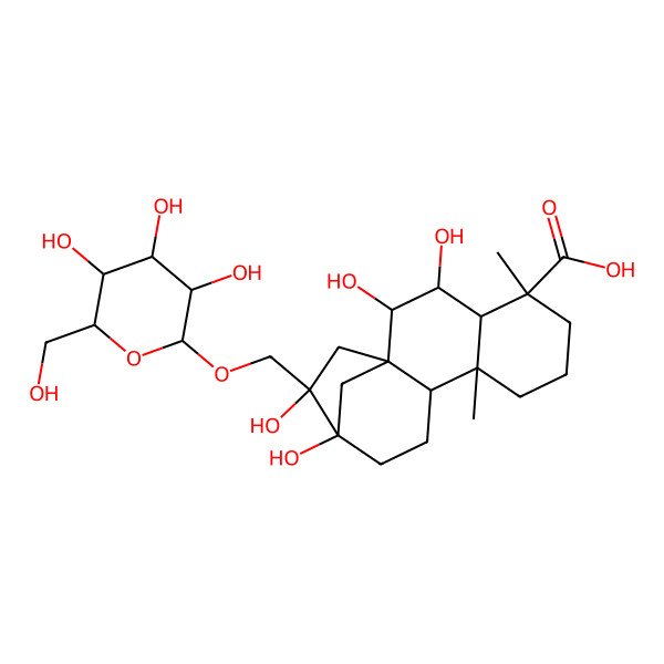 2D Structure of Kauran-18-oic acid, 17-(beta-D-glucopyranosyloxy)-6,7,13,16-tetrahydroxy-, (4alpha,6beta,7beta)-