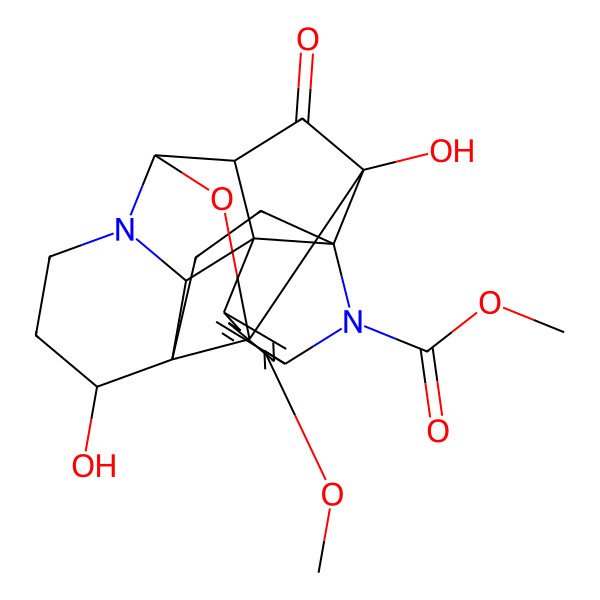 2D Structure of methyl (1R,2R,4S,5R,7R,11S,12S,15S,23R)-4,11-dihydroxy-18-methoxy-3-oxo-6-oxa-8,16-diazaoctacyclo[10.10.1.01,15.02,7.04,15.05,12.08,23.017,22]tricosa-17(22),18,20-triene-16-carboxylate