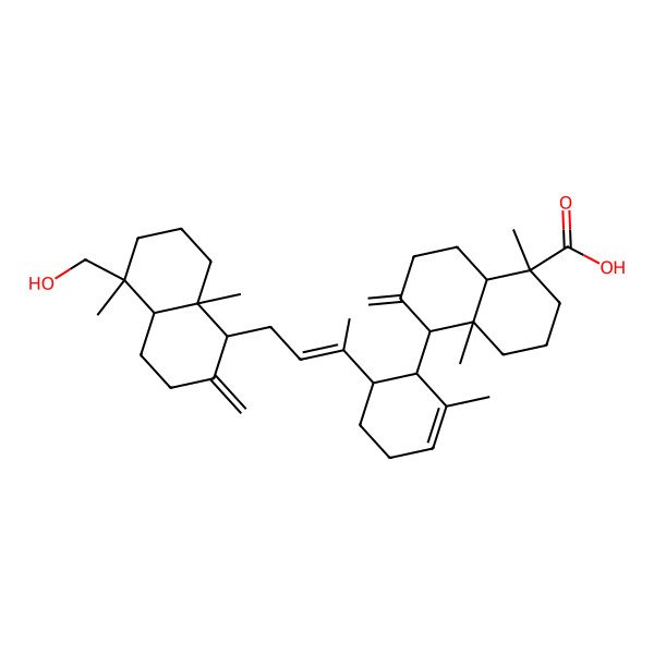 2D Structure of (1R,4aS,5S)-5-[(1R,6S)-6-[(E)-4-[(1S,5R,8aR)-5-(hydroxymethyl)-5,8a-dimethyl-2-methylidene-3,4,4a,6,7,8-hexahydro-1H-naphthalen-1-yl]but-2-en-2-yl]-2-methylcyclohex-2-en-1-yl]-1,4a-dimethyl-6-methylidene-3,4,5,7,8,8a-hexahydro-2H-naphthalene-1-carboxylic acid