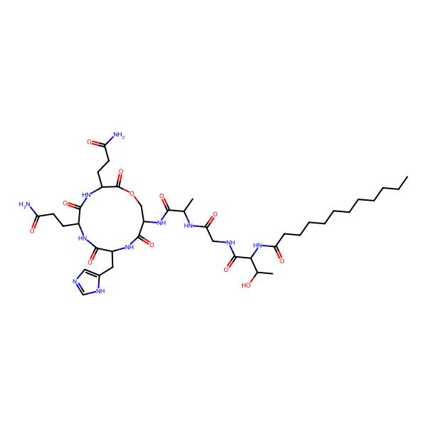 2D Structure of N-[(2S,3R)-1-[[2-[[(2S)-1-[[(3S,6S,9S,12S)-3,6-bis(3-amino-3-oxopropyl)-9-(1H-imidazol-5-ylmethyl)-2,5,8,11-tetraoxo-1-oxa-4,7,10-triazacyclotridec-12-yl]amino]-1-oxopropan-2-yl]amino]-2-oxoethyl]amino]-3-hydroxy-1-oxobutan-2-yl]dodecanamide