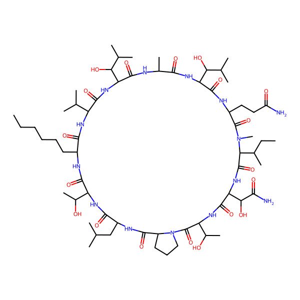 2D Structure of 3-[30-(2-Amino-1-hydroxy-2-oxoethyl)-27-(butan-2-yl)-9-hexyl-6,33-bis(1-hydroxyethyl)-15,21-bis(1-hydroxy-2-methylpropyl)-18,26-dimethyl-3-(2-methylpropyl)-1,4,7,10,13,16,19,22,25,28,31,34-dodecaoxo-12-(propan-2-yl)octatriacontahydropyrrolo[1,2-a][1,4,7,10,13,16,19,22,25,28,31,34]dodecaazacyclohexatriacontin-24-yl]propanamide
