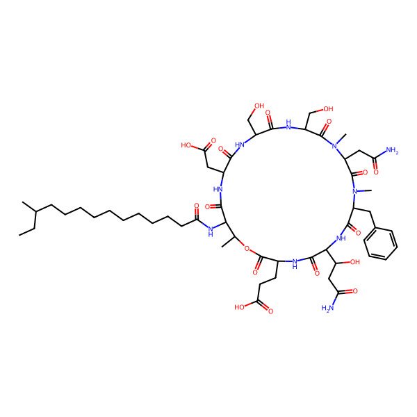 2D Structure of 3-[6-(3-Amino-1-hydroxy-3-oxopropyl)-12-(2-amino-2-oxoethyl)-9-benzyl-21-(carboxymethyl)-15,18-bis(hydroxymethyl)-10,13,25-trimethyl-24-(12-methyltetradecanoylamino)-2,5,8,11,14,17,20,23-octaoxo-1-oxa-4,7,10,13,16,19,22-heptazacyclopentacos-3-yl]propanoic acid
