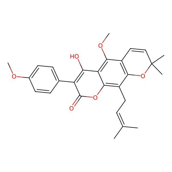 2D Structure of 2H,8H-Benzo(1,2-b:5,4-b')dipyran-2-one, 4-hydroxy-5-methoxy-3-(4-methoxyphenyl)-8,8-dimethyl-10-(3-methyl-2-butenyl)-