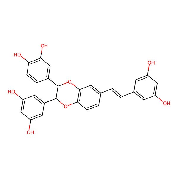2D Structure of 4-[(2S,3R)-2-(3,5-dihydroxyphenyl)-6-[(E)-2-(3,5-dihydroxyphenyl)ethenyl]-2,3-dihydro-1,4-benzodioxin-3-yl]benzene-1,2-diol
