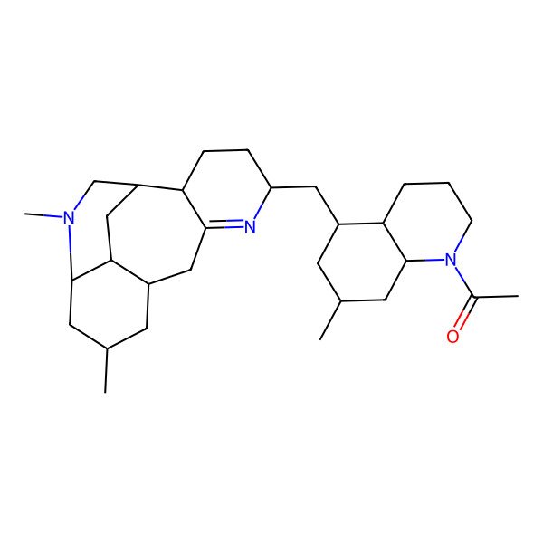 2D Structure of Quinoline, 1-acetyl-5-(((2S,4aR,5S,6aR,7S,9R,10aS)-2,3,4,4a,6,6a,7,8,9,10,10a,11-dodecahydro-9,12-dimethyl-7,5-(iminomethano)-5H-benzo(5,6)cyclohepta(1,2-b)pyridin-2-yl)methyl)decahydro-7-methyl-, (4aS,5R,7S,8aR)-