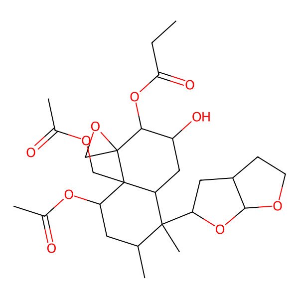 2D Structure of [(1S,2S,3R,4aR,5R,6S,8S,8aR)-5-[(5S)-2,3,3a,4,5,6a-hexahydrofuro[2,3-b]furan-5-yl]-8-acetyloxy-8a-(acetyloxymethyl)-3-hydroxy-5,6-dimethylspiro[3,4,4a,6,7,8-hexahydro-2H-naphthalene-1,2'-oxirane]-2-yl] propanoate