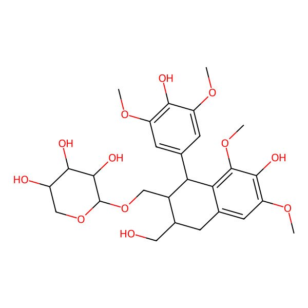 2D Structure of Lyoniresinol, beta-D-xyloside; beta-D-Xylopyranoside, [1,2,3,4-tetrahydro-7-hydroxy-1-(4-hydroxy-3,5-dimethoxyphenyl)-3-(hydroxymethyl)-6,8-dimethoxy-2-naphthalenyl]methyl, [1S-(1alpha,2beta,3alpha)]-