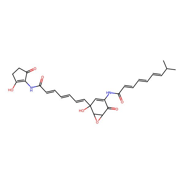 2D Structure of (2E,4E,6E)-N-[(1S,5S,6R)-5-hydroxy-5-[(1E,3E,5E)-7-[(2-hydroxy-5-oxocyclopenten-1-yl)amino]-7-oxohepta-1,3,5-trienyl]-2-oxo-7-oxabicyclo[4.1.0]hept-3-en-3-yl]-8-methylnona-2,4,6-trienamide