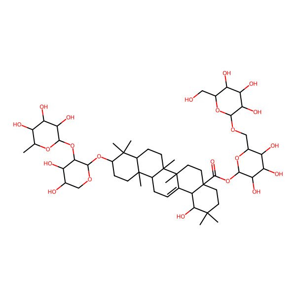2D Structure of [(2S,3R,4S,5S,6R)-3,4,5-trihydroxy-6-[[(2R,3R,4S,5S,6R)-3,4,5-trihydroxy-6-(hydroxymethyl)oxan-2-yl]oxymethyl]oxan-2-yl] (1S,4aR,6aR,6aS,6bR,8aR,10S,12aR,14bS)-10-[(2S,3R,4S,5S)-4,5-dihydroxy-3-[(2S,3R,4R,5R,6S)-3,4,5-trihydroxy-6-methyloxan-2-yl]oxyoxan-2-yl]oxy-1-hydroxy-2,2,6a,6b,9,9,12a-heptamethyl-1,3,4,5,6,6a,7,8,8a,10,11,12,13,14b-tetradecahydropicene-4a-carboxylate