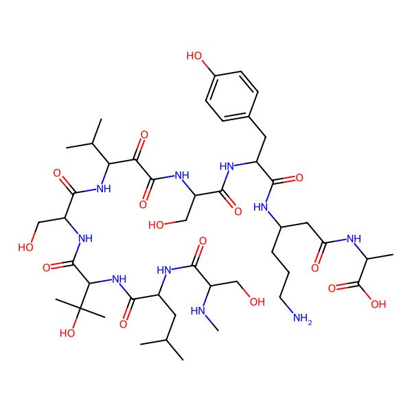 2D Structure of 2-[[6-Amino-3-[[2-[[3-hydroxy-2-[[3-[[3-hydroxy-2-[[3-hydroxy-2-[[2-[[3-hydroxy-2-(methylamino)propanoyl]amino]-4-methylpentanoyl]amino]-3-methylbutanoyl]amino]propanoyl]amino]-4-methyl-2-oxopentanoyl]amino]propanoyl]amino]-3-(4-hydroxyphenyl)propanoyl]amino]hexanoyl]amino]propanoic acid