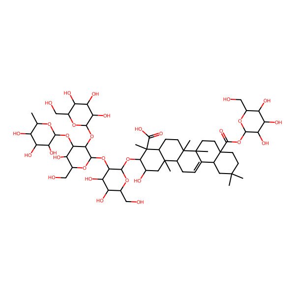 2D Structure of Olean-12-ene-23,28-dioic acid, 3-[(O-6-deoxy-alpha-L-mannopyranosyl-(1->3)-O-[beta-D-glucopyranosyl-(1->2)]-O-beta-D-glucopyranosyl-(1->2)-beta-D-glucopyranosyl)oxy]-2-hydroxy-, 28-beta-D-glucopyranosyl ester, (2beta,3beta,4alpha)-