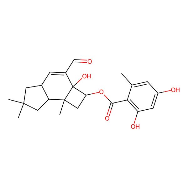 2D Structure of Benzoic acid, 2,4-dihydroxy-6-methyl-, (2R,2aS,4aS,7aS,7bR)-3-formyl-2,2a,4a,5,6,7,7a,7b-octahydro-2a-hydroxy-6,6,7b-trimethyl-1H-cyclobut(e)inden-2-yl ester