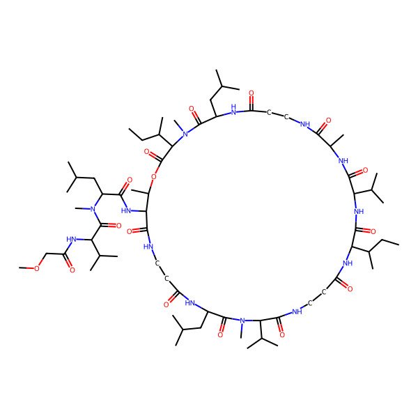 2D Structure of (2R)-N-[(3R,16S,19S,26R,29S,36S,37S)-3,19-bis[(2R)-butan-2-yl]-4,13,27,37-tetramethyl-6,29-bis(2-methylpropyl)-2,5,8,12,15,18,21,25,28,31,35-undecaoxo-16,26-di(propan-2-yl)-1-oxa-4,7,11,14,17,20,24,27,30,34-decazacycloheptatriacont-36-yl]-2-[[(2R)-2-[(2-methoxyacetyl)amino]-3-methylbutanoyl]-methylamino]-4-methylpentanamide
