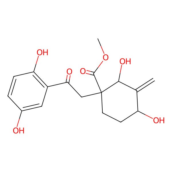 2D Structure of Methyl 1-[2-(2,5-dihydroxyphenyl)-2-oxoethyl]-2,4-dihydroxy-3-methylidenecyclohexane-1-carboxylate