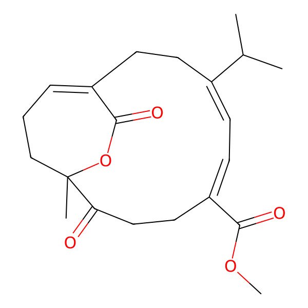 2D Structure of Methyl 1-methyl-2,16-dioxo-8-propan-2-yl-15-oxabicyclo[9.3.2]hexadeca-5,7,11-triene-5-carboxylate