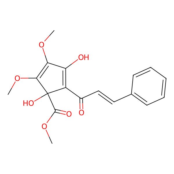 2D Structure of methyl 1,4-dihydroxy-2,3-dimethoxy-5-[(E)-3-phenylprop-2-enoyl]cyclopenta-2,4-diene-1-carboxylate