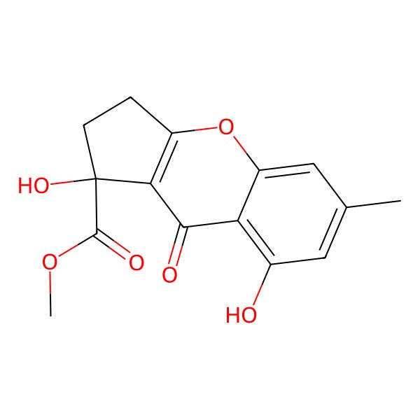 2D Structure of Methyl 1,8-dihydroxy-6-methyl-9-oxo-2,3-dihydrocyclopenta[b]chromene-1-carboxylate