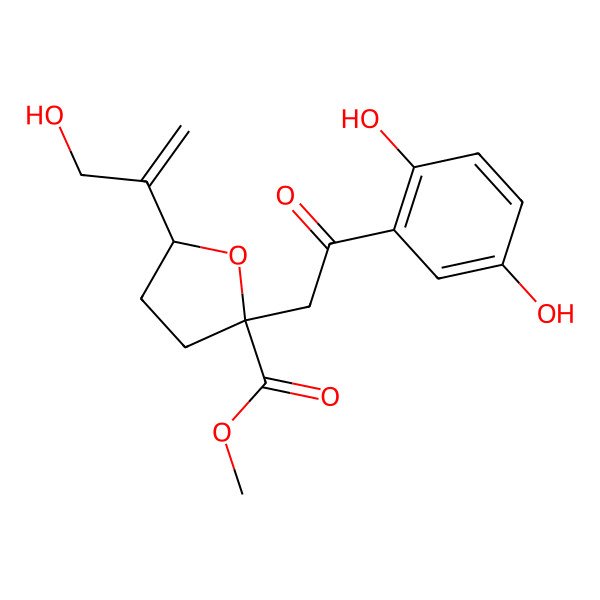 2D Structure of Methyl 2-[2-(2,5-dihydroxyphenyl)-2-oxoethyl]-5-(3-hydroxyprop-1-en-2-yl)oxolane-2-carboxylate