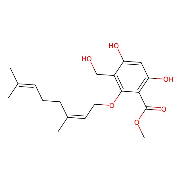 2D Structure of methyl 2-[(2E)-3,7-dimethylocta-2,6-dienoxy]-4,6-dihydroxy-3-(hydroxymethyl)benzoate